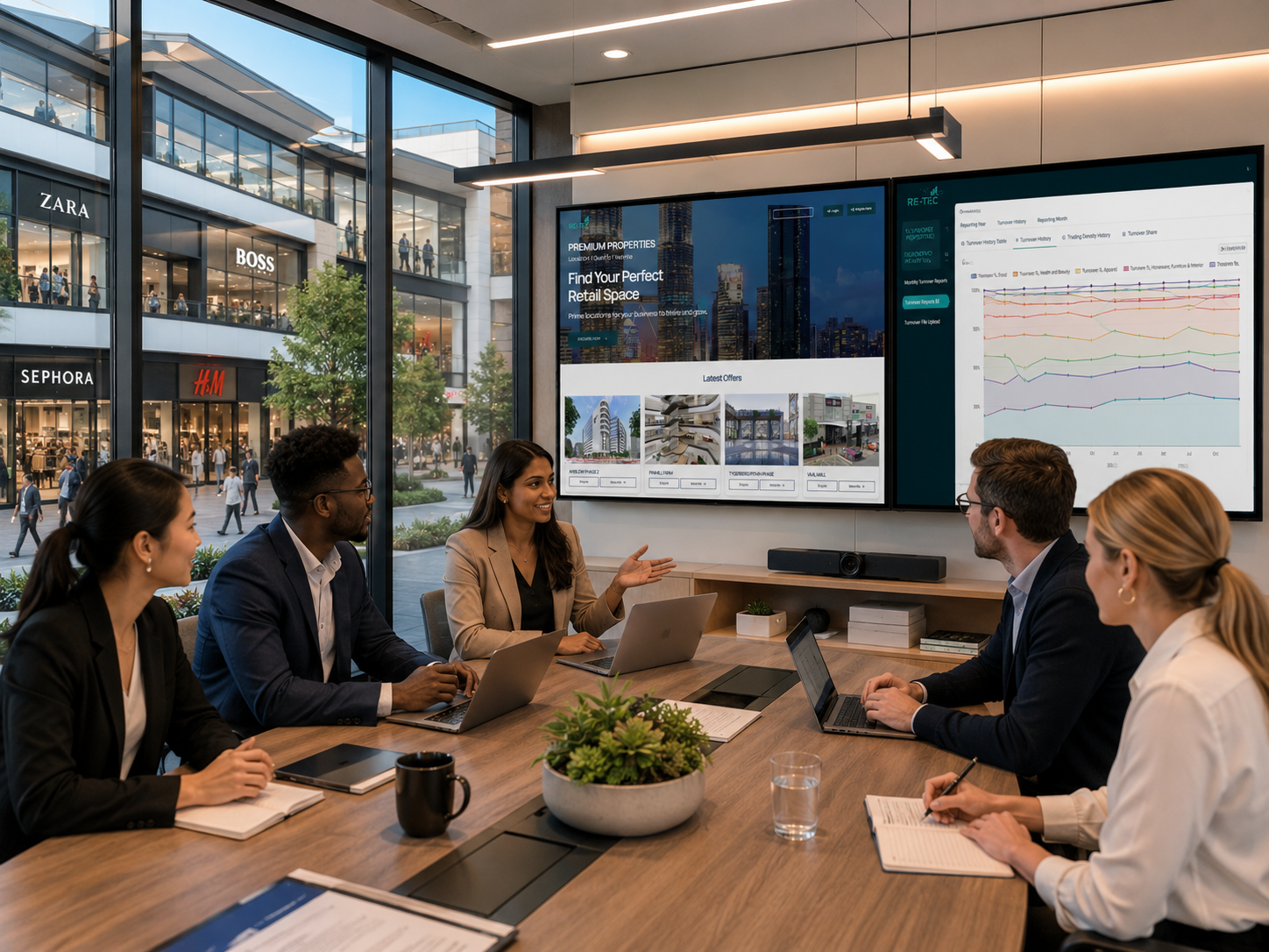 Leasing team reviewing a property listing on a wall-mounted display in a boardroom with retail tenants visible through the window