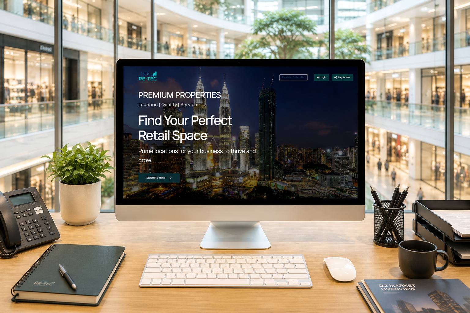 RE-TEC retail listing on a desktop monitor with multi-storey mall visible through floor-to-ceiling windows